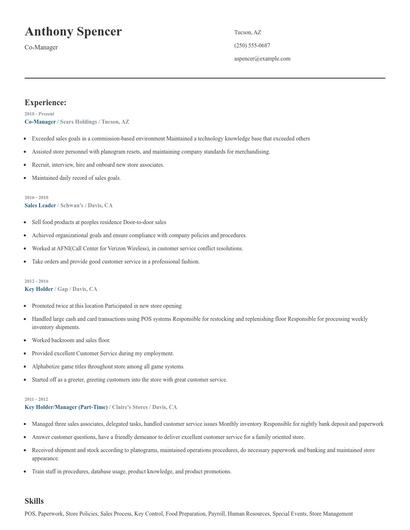 Co-Manager Resume