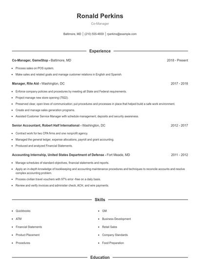 Co-Manager Resume