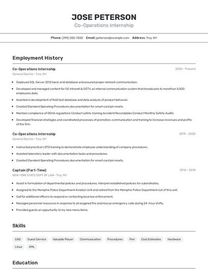 Co-Operations Internship Resume