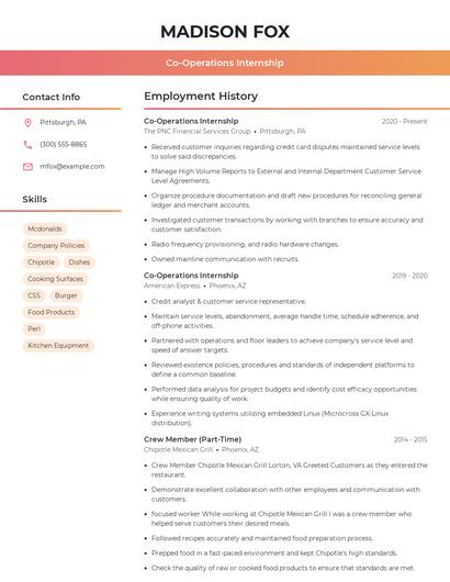 Co-Operations Internship Resume