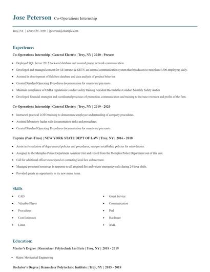 Co-Operations Internship Resume