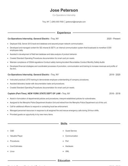 Co-Operations Internship Resume