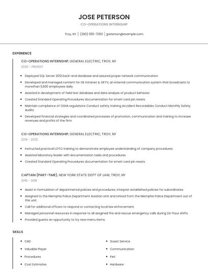 Co-Operations Internship Resume