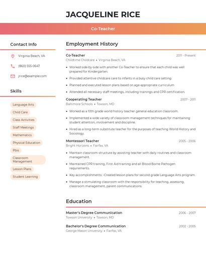 Co-Teacher Resume