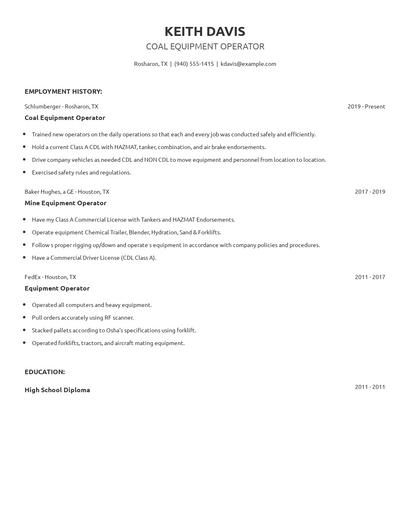 Coal Equipment Operator Resume