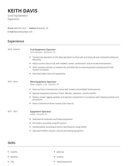 Coal Equipment Operator Resume