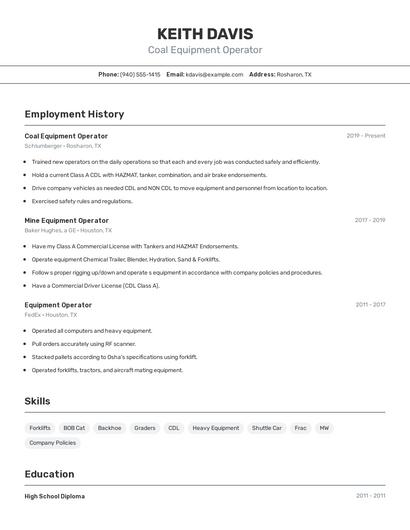 Coal Equipment Operator Resume