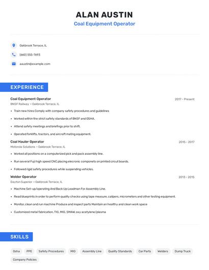 Coal Equipment Operator Resume
