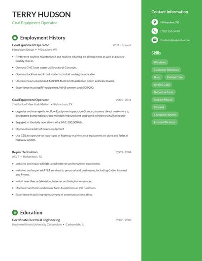 Coal Equipment Operator Resume