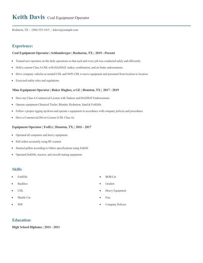 Coal Equipment Operator Resume