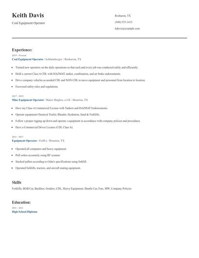 Coal Equipment Operator Resume