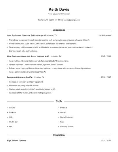 Coal Equipment Operator Resume