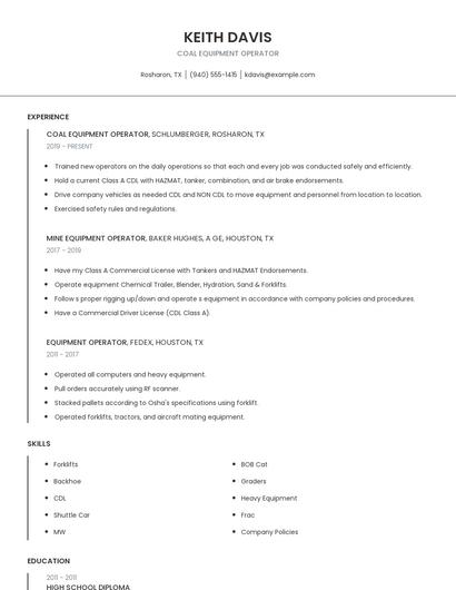 Coal Equipment Operator Resume