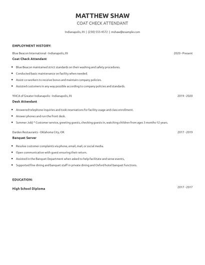 Coat Check Attendant Resume
