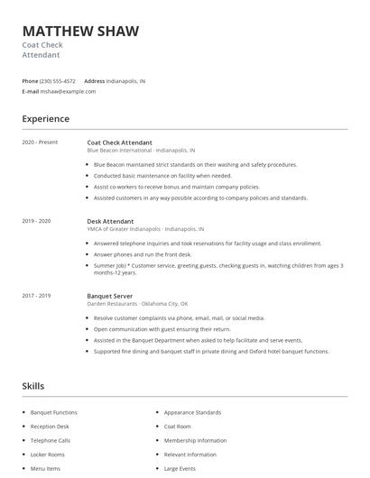 Coat Check Attendant Resume