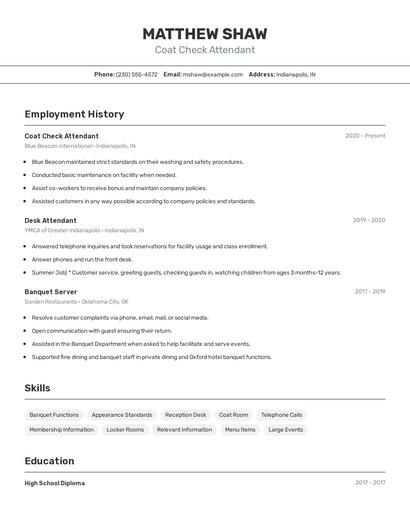 Coat Check Attendant Resume