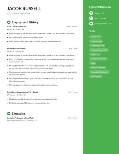 Coat Check Attendant Resume