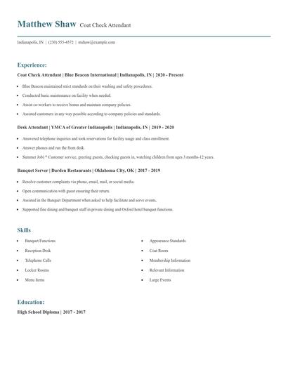 Coat Check Attendant Resume