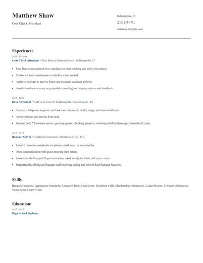 Coat Check Attendant Resume