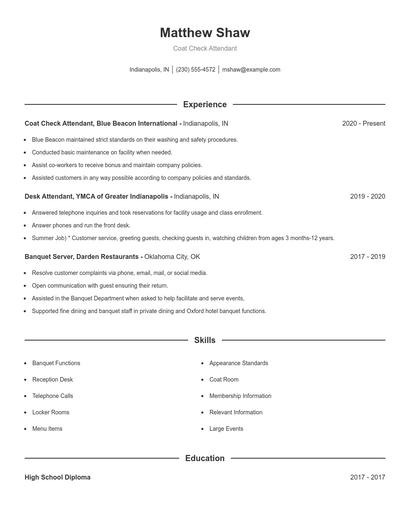 Coat Check Attendant Resume