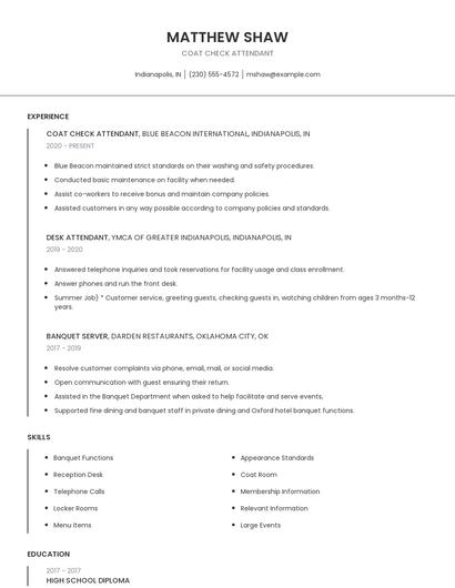 Coat Check Attendant Resume