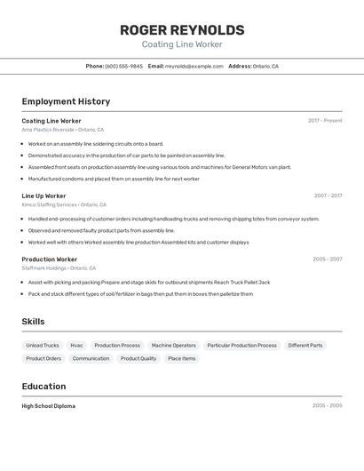 Coating Line Worker Resume