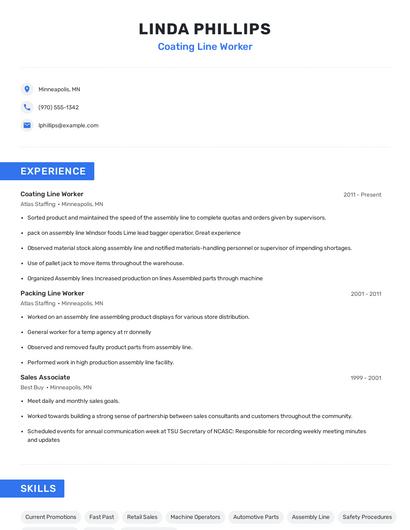 Coating Line Worker Resume