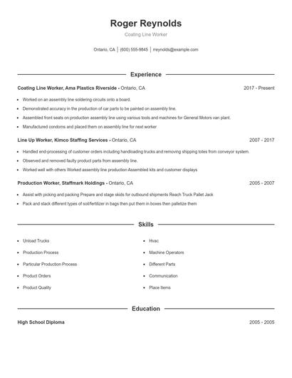 Coating Line Worker Resume