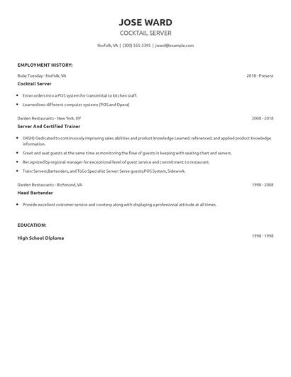 Cocktail Server Resume