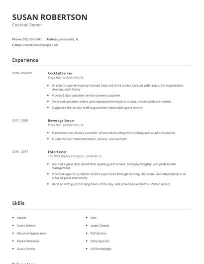 Cocktail Server Resume