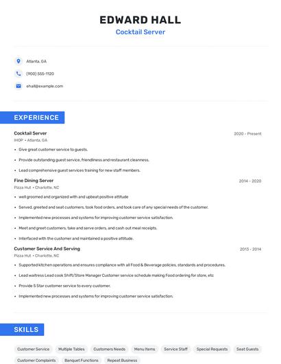 Cocktail Server Resume