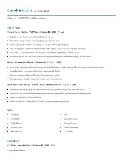 Cocktail Server Resume
