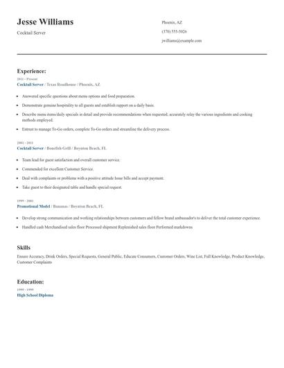 Cocktail Server Resume