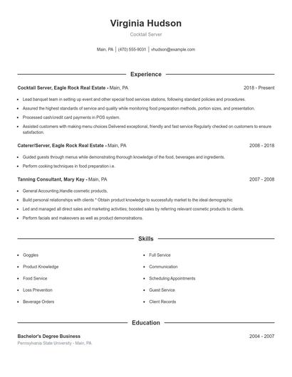 Cocktail Server Resume