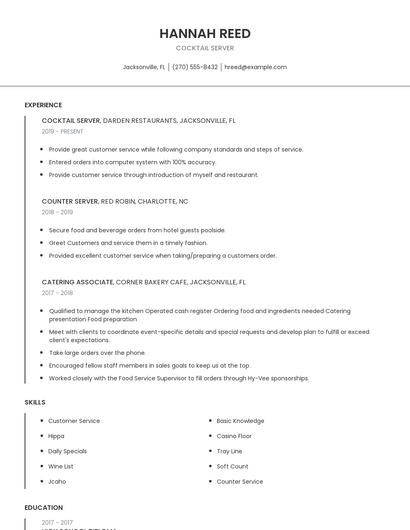 Cocktail Server Resume