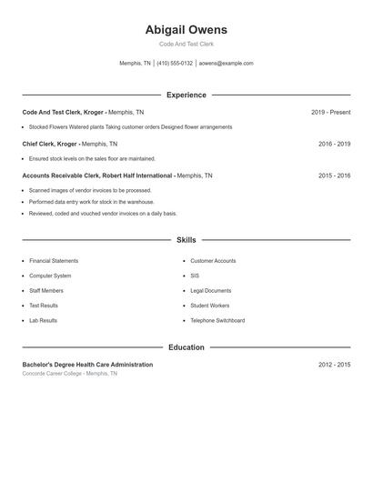 Code And Test Clerk Resume