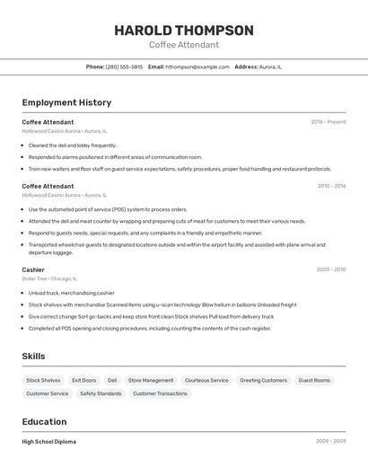 Coffee Attendant Resume