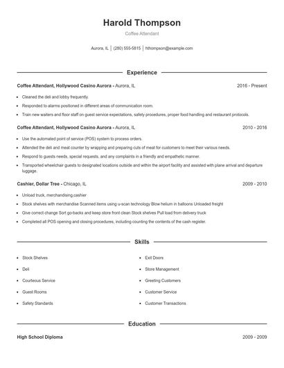 Coffee Attendant Resume