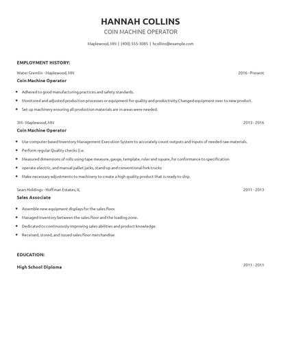Coin Machine Operator Resume