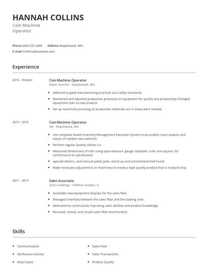 Coin Machine Operator Resume