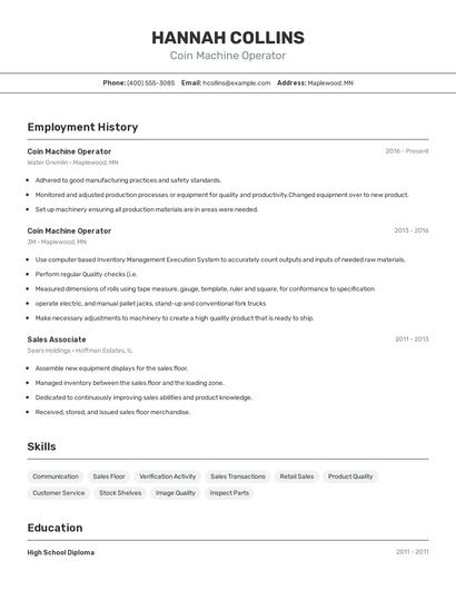 Coin Machine Operator Resume