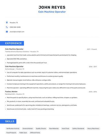 Coin Machine Operator Resume