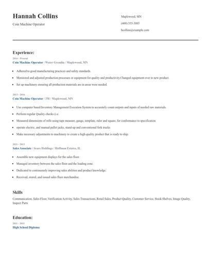 Coin Machine Operator Resume