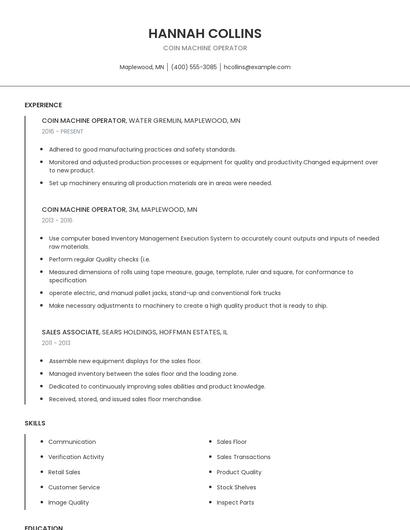 Coin Machine Operator Resume