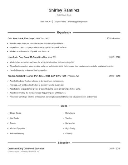 Cold Meat Cook Resume
