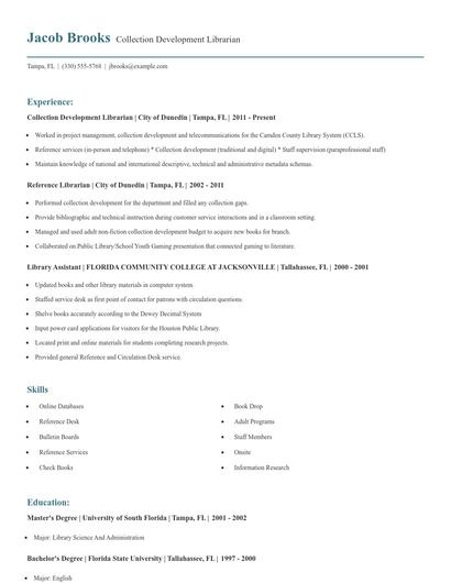 Collection Development Librarian Resume