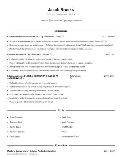Collection Development Librarian Resume