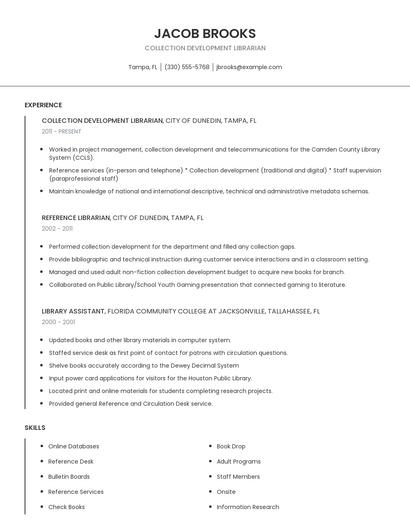 Collection Development Librarian Resume