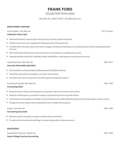 Collection Team Lead Resume