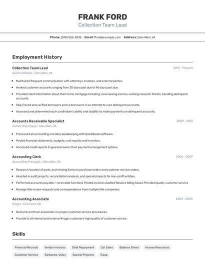 Collection Team Lead Resume